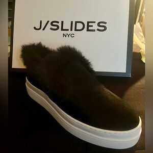 Brand New Never Worn NYC J/Slides. Black suede w black fur. Size 6 1/2 Women